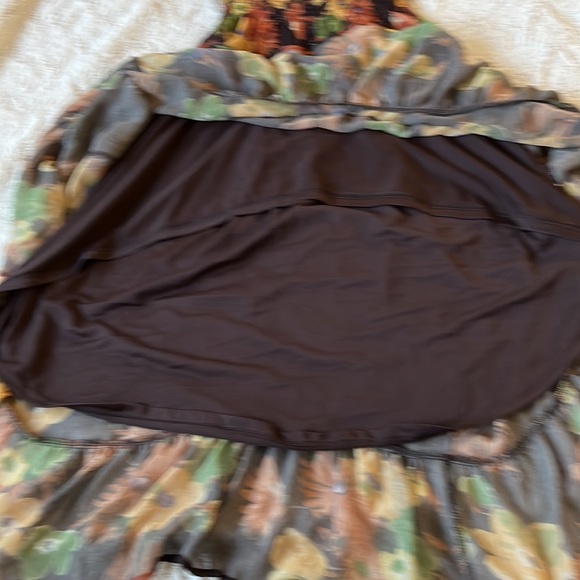 Blue Bird Floral Brown/Yellow Hem & Neckline Ruffle Waist Smocks Hig low Dress S - Picture 4 of 7